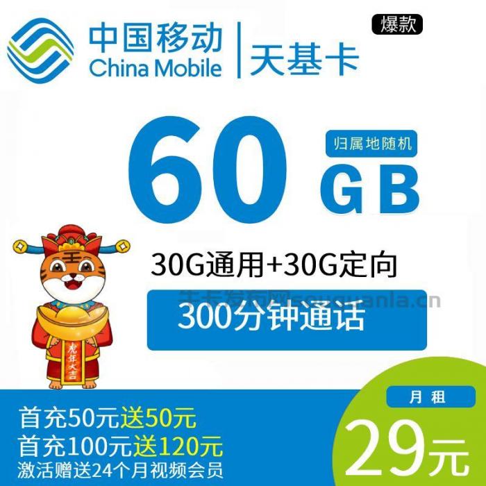 移动天基卡 29元月租60G全国流量+300分钟（2年优惠期）