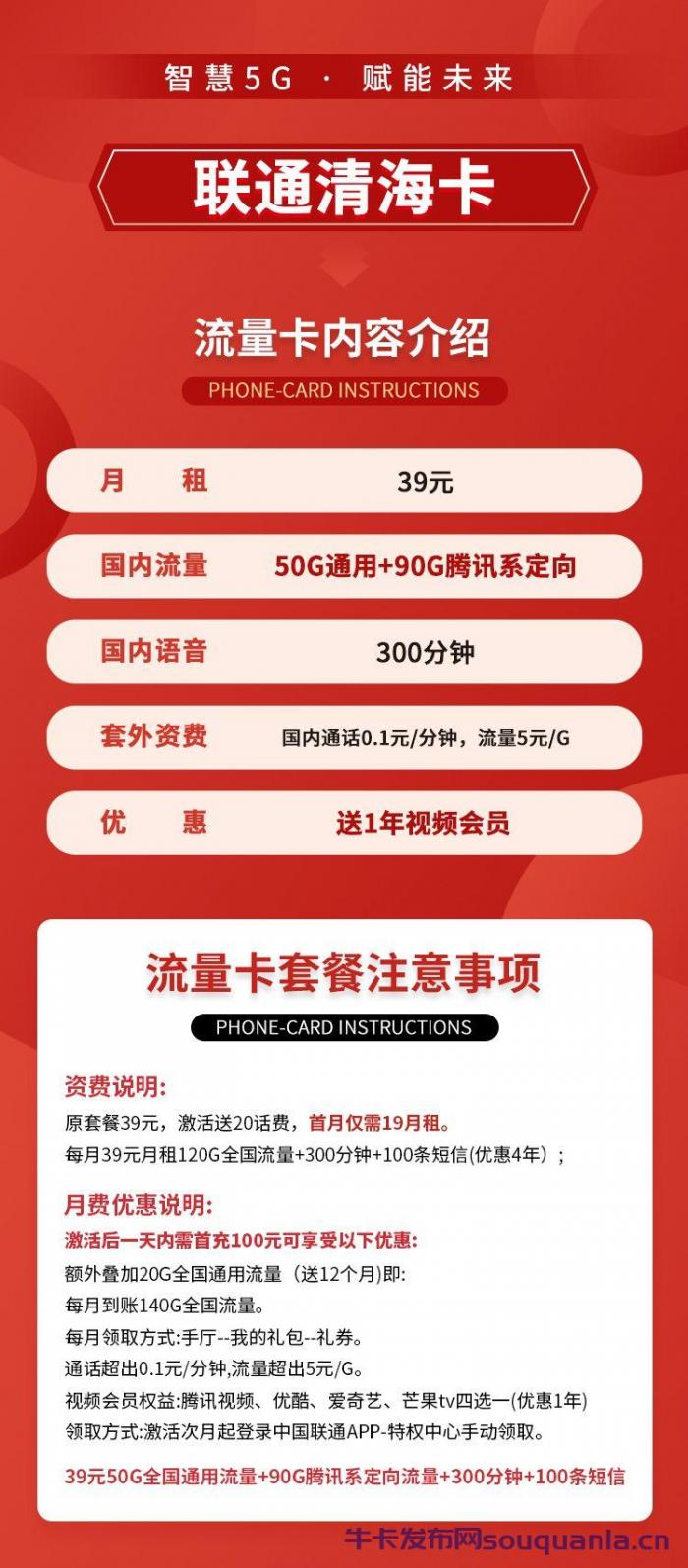 联通清海卡 39元140G全国流量+300分钟+送一年视频会员