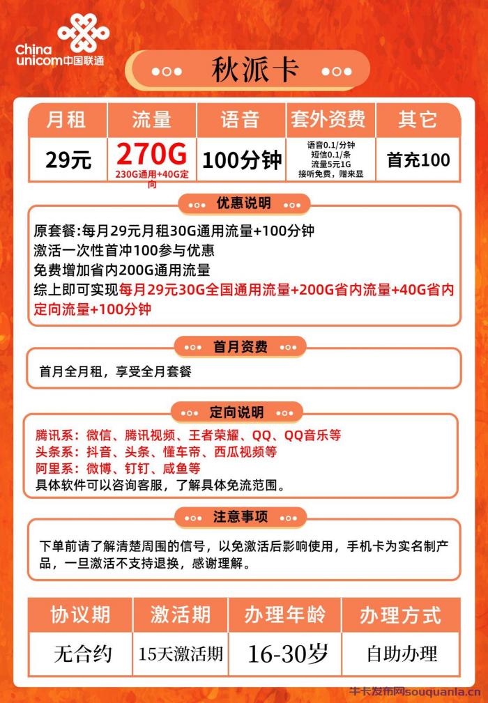 广东联通秋派卡 29元包30G全国通用+200G省内通用+40G省内定向+100分钟全国通话