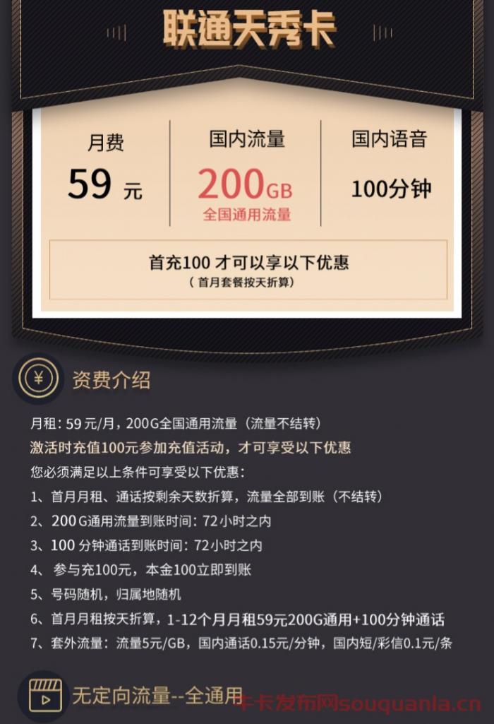 联通天秀卡套餐介绍(月租59元+200G通用流量+100分钟通话)